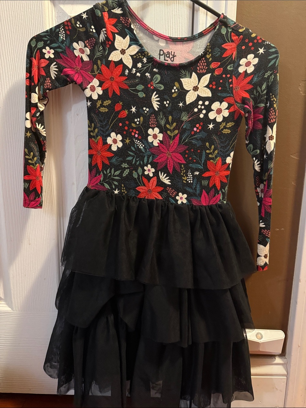 Little Sleepies Black Floral Long-Sleeve Tulle Tiered Dress